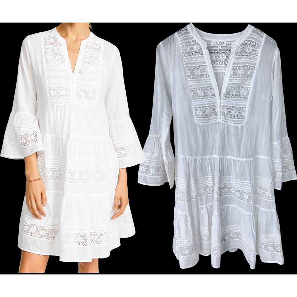 Velvet Graham Spencer Women's Cotton Gauze Embroidered Tiered Dress White M